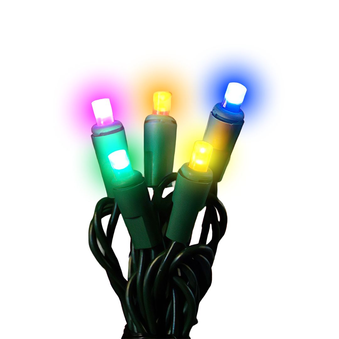 5mm Bulbs displayed on light string, lit in red, orange, yellow, green, and blue colors